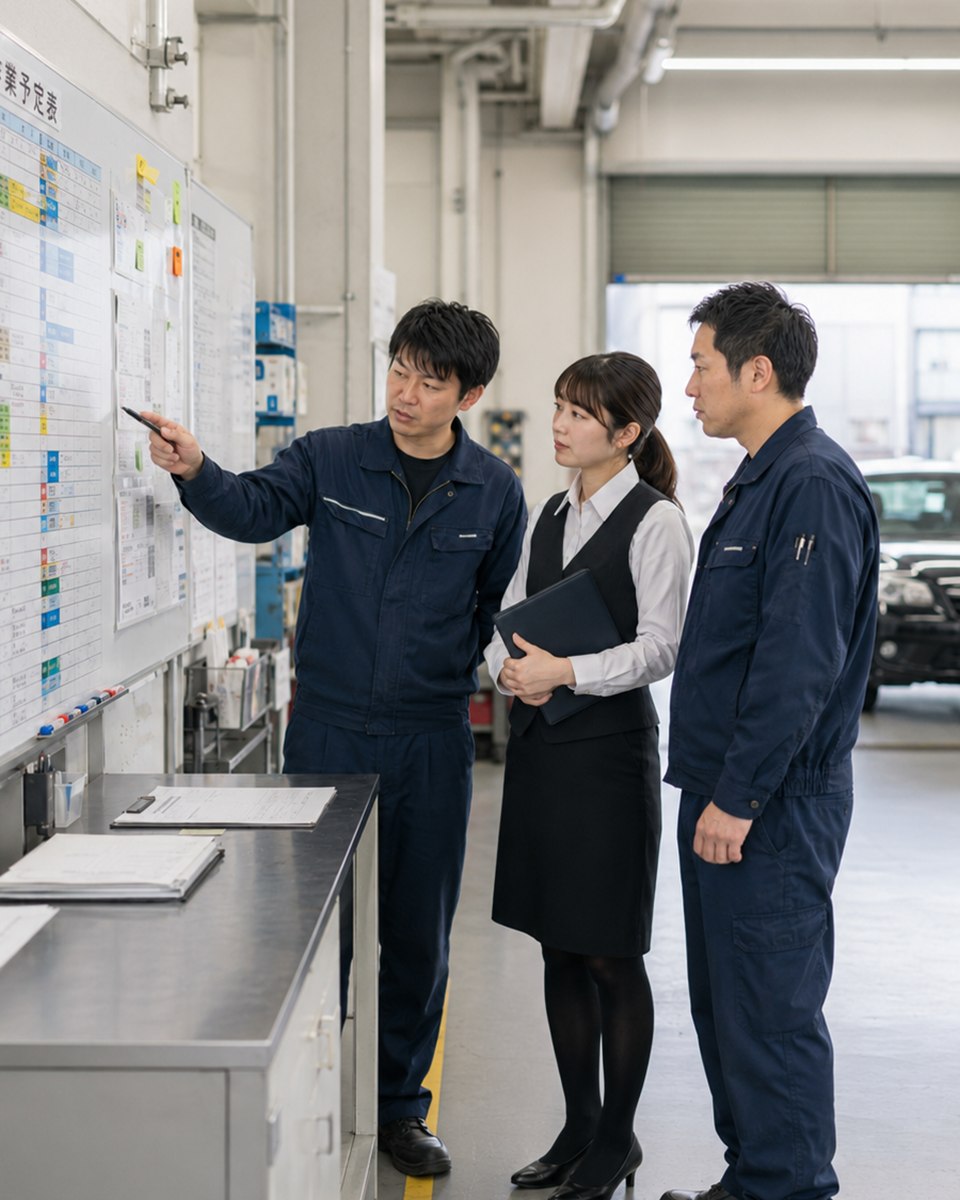 整備工場で作業予定表を確認するスタッフ