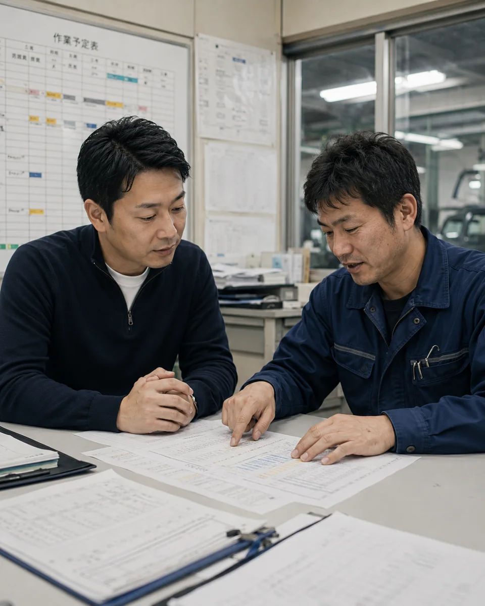 整備工場で資料を確認しながら話し合う様子